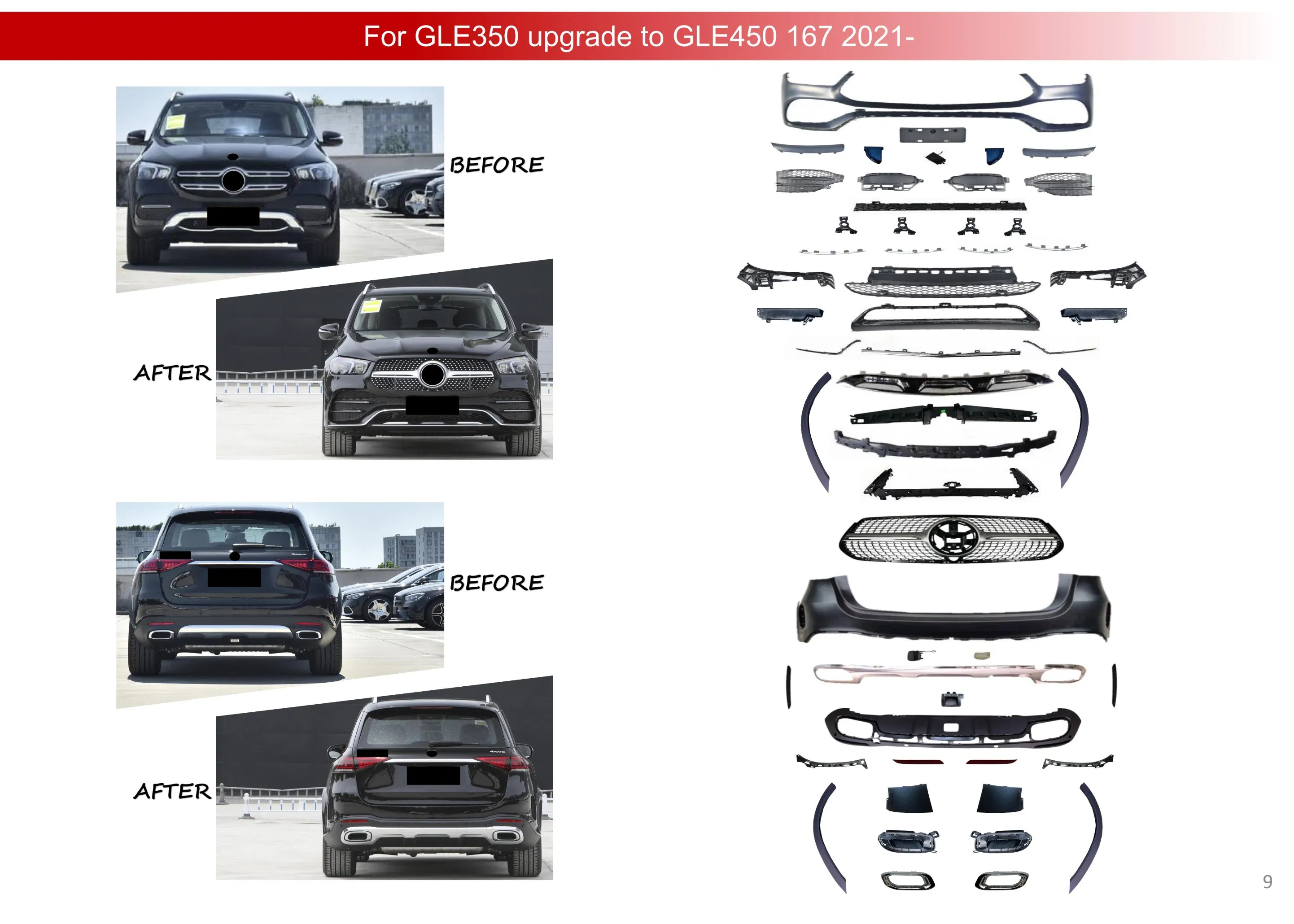 Sport Bumper Body Kit for Gle350 Upgrade to Gle450 167 2021 with Front Grille