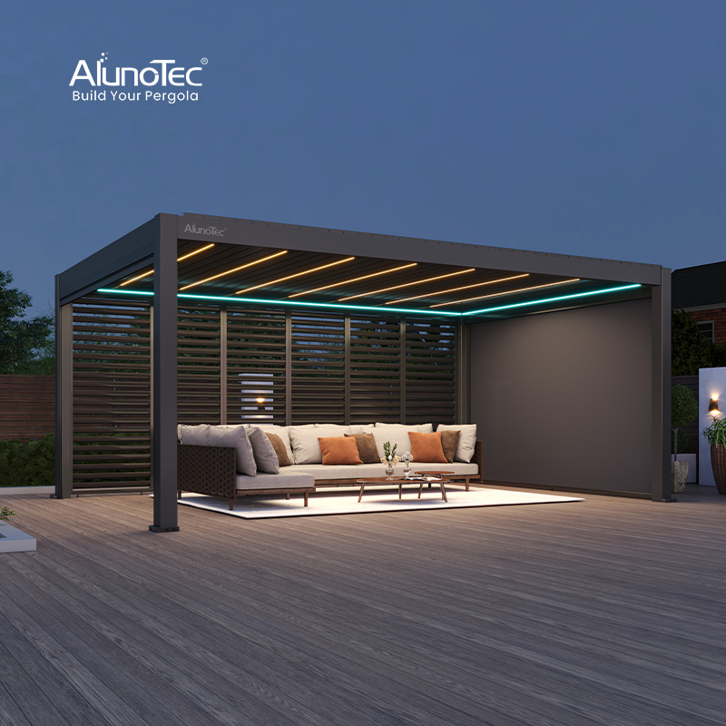 AlunoTec, моторизованная биоклиматическая алюминиевая беседка с крышей и наружными жалюзи
