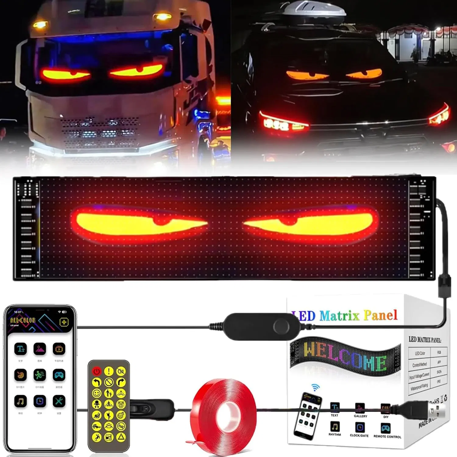 LED Eye Lights for Cars, LED Eyes for Truck, Colorful and Soft Display, Programmable Light Writing, Smart APP, Bluetooth USB 5V, Devil Eye Lights