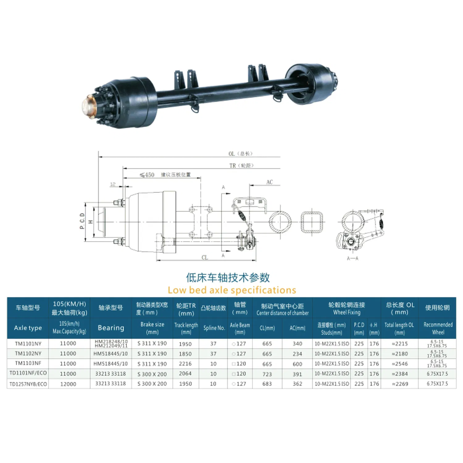 Ось низкорамная для прицепа и фудтрака TM1101NY