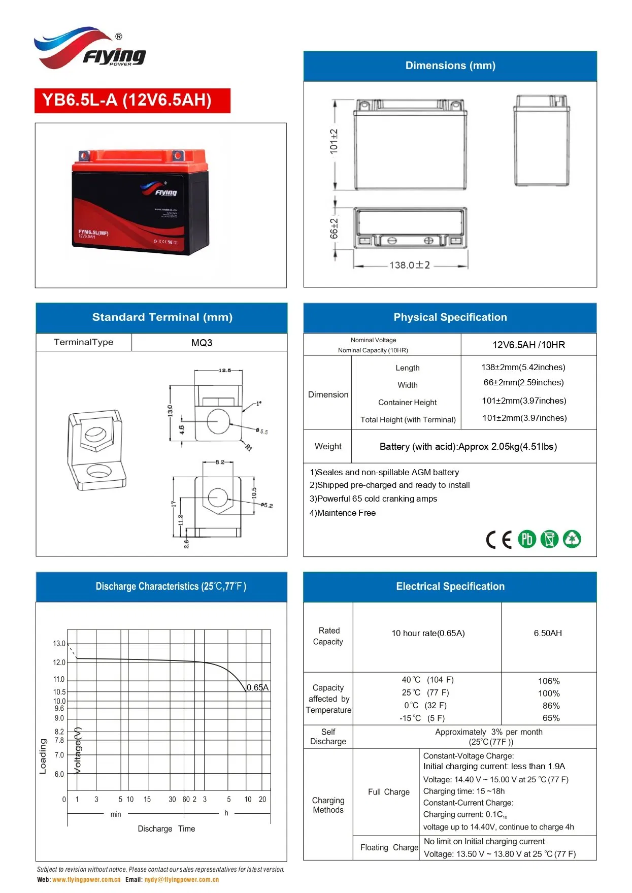 12n6.5L-BS Sealed Motorcycle Battery Maintenance Free Lead Acid Starting Battery