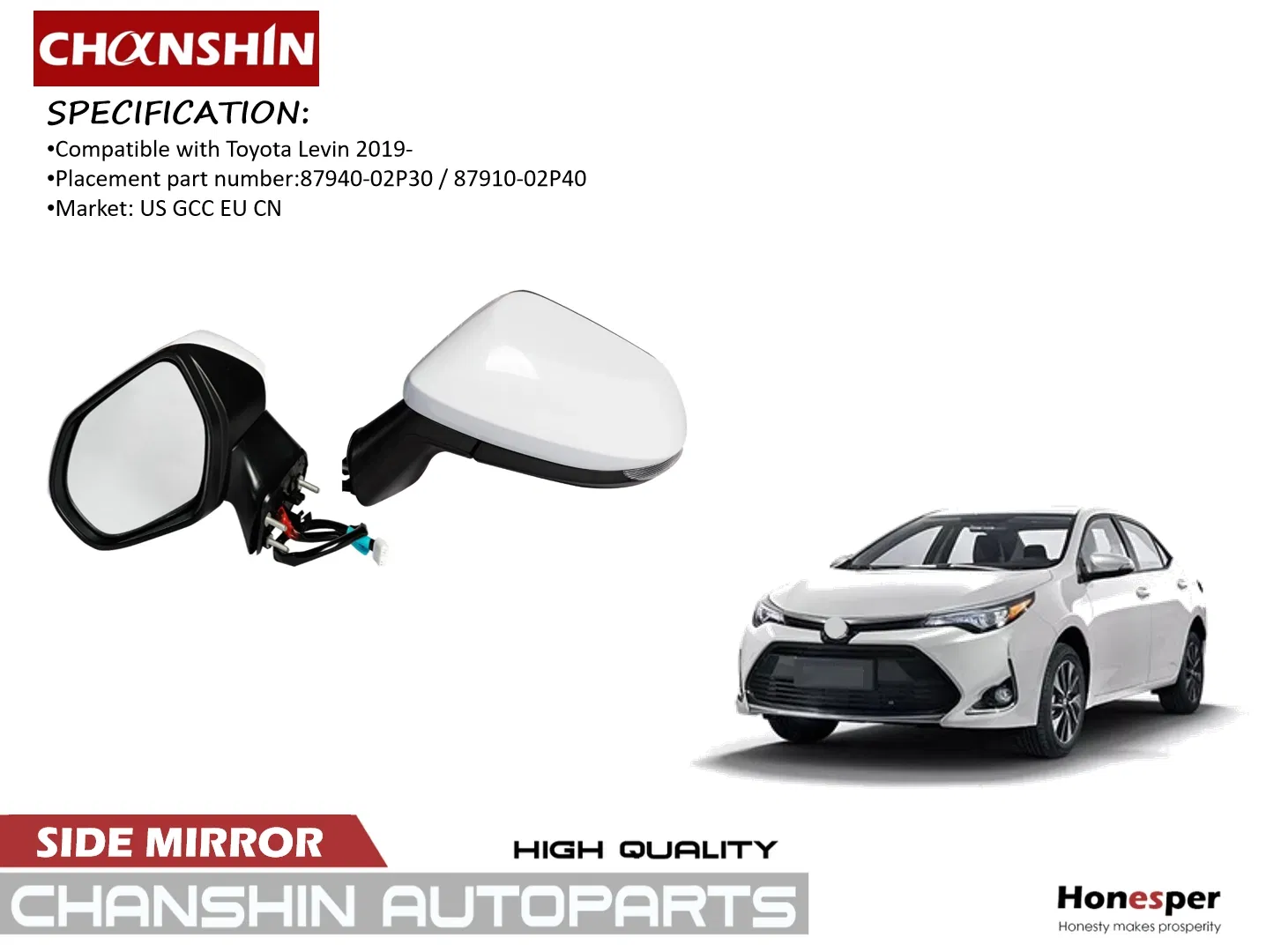 Wholesale Car Spare Parts Auto Parts Car Accessory Side View Mirror for Toyota Corolla Levin 2019- 87940-02p30 87910-02p40