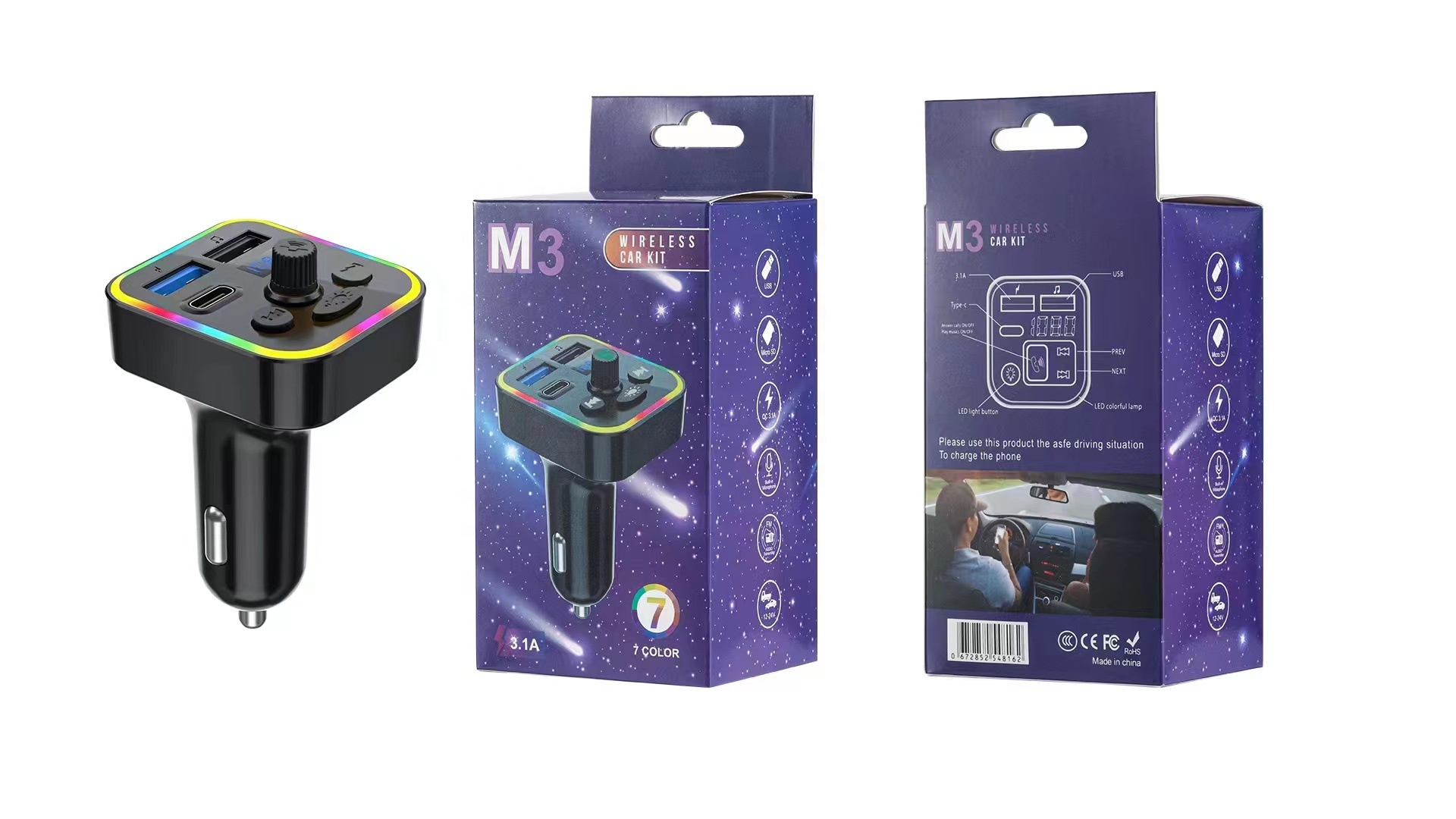 Автомобильный Bluetooth-адаптер M3 с FM-передатчиком, MP3 и быстрой зарядкой USB