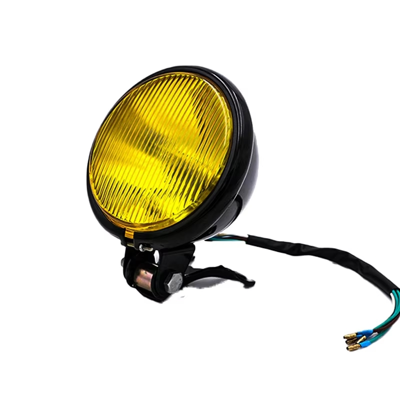 Ретро фара для мотоцикла Vintage Motorcycle, черная, желтое стекло