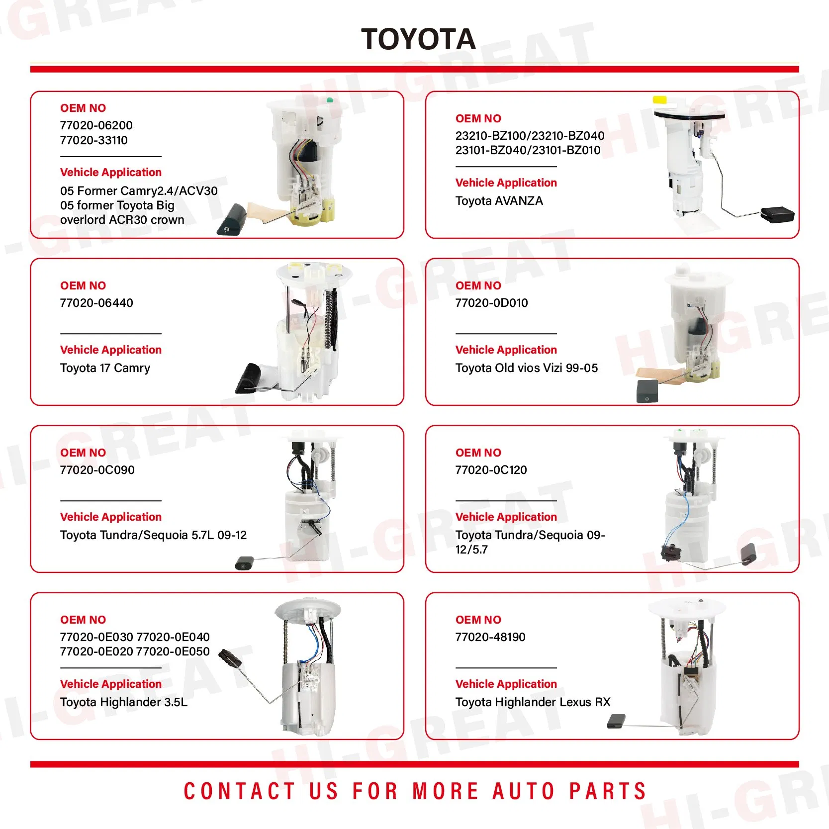 High Quality Auto Part Car Engine Electric Fuel Pump Assembly for Toyota Hyundai KIA Nissan Honda Mitsubishi Chevrolet Mazda Peugeot VW