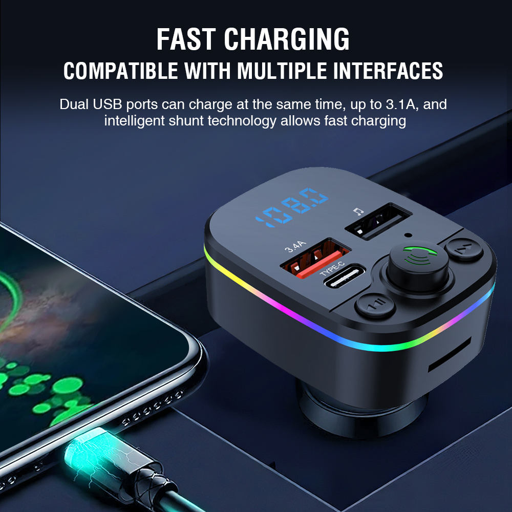 Автомобильный MP3-плеер с FM-передатчиком, двойным USB, быстрой зарядкой, Bluetooth и светодиодной подсветкой