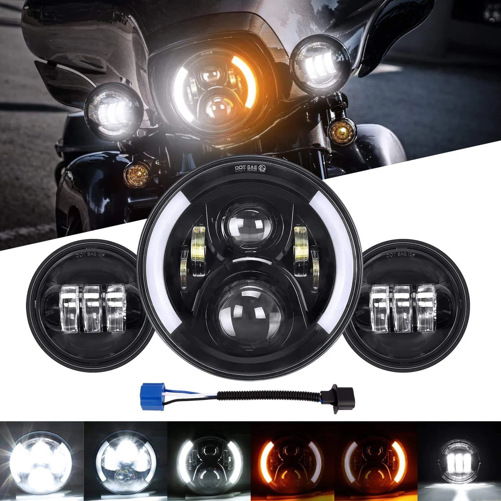 7 Inch LED Moto Headlight Round White Amber Halo Ring