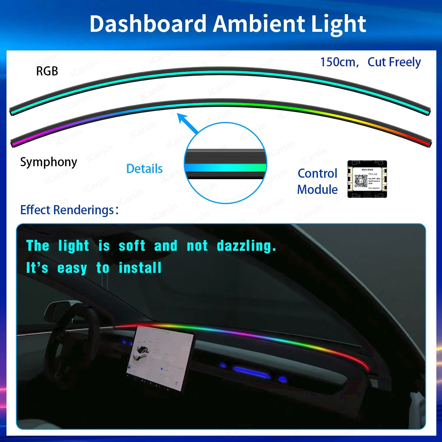 150cm Universal Ambient Light Dashboard Surrounding Strip Lights Interior Light Accessories