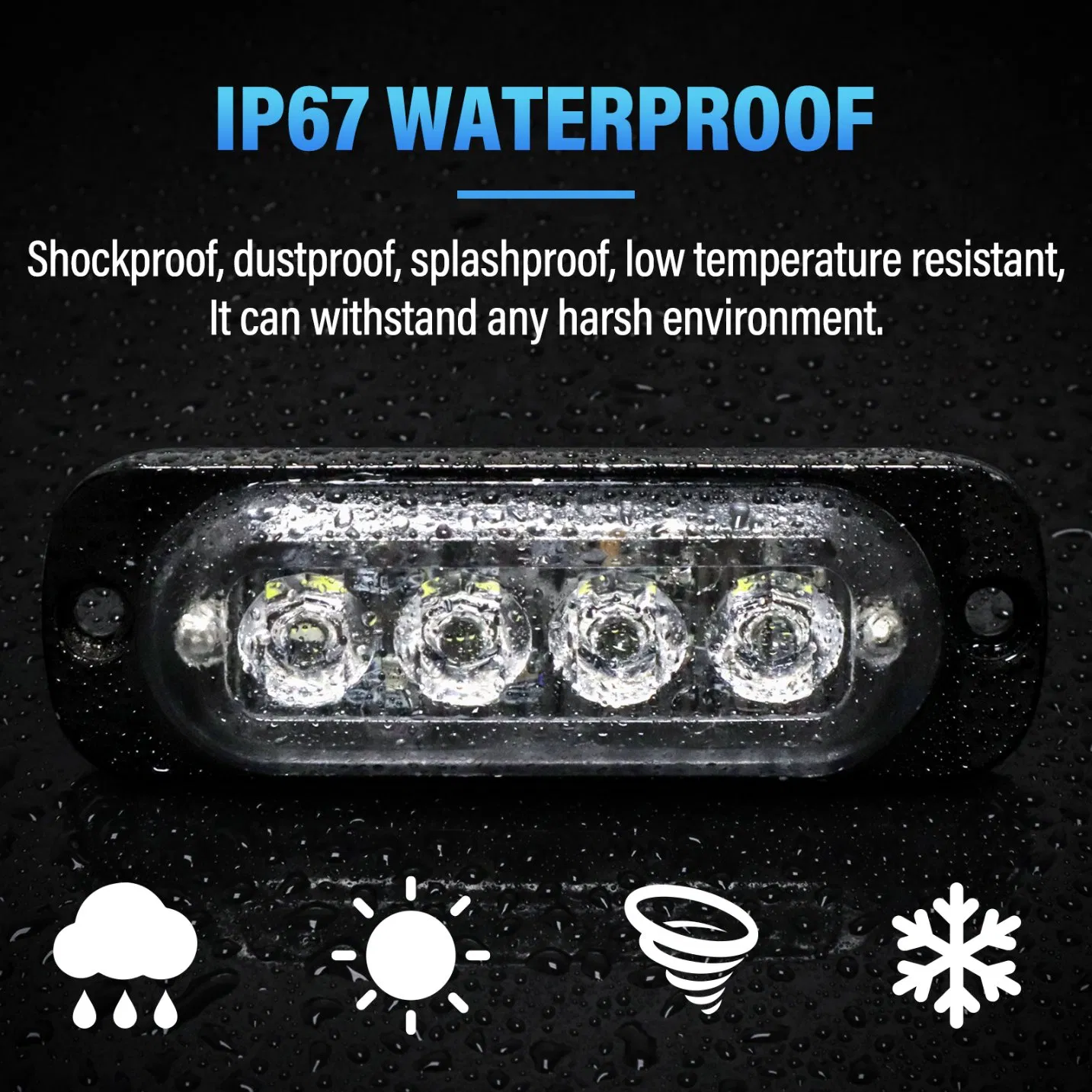 Rear of The Vehicle Mount Strobe Light – 4 Blue LEDs, 12V/24V, IP67 Waterproof, Heavy-Duty for Trucks & Emergency Vehicles