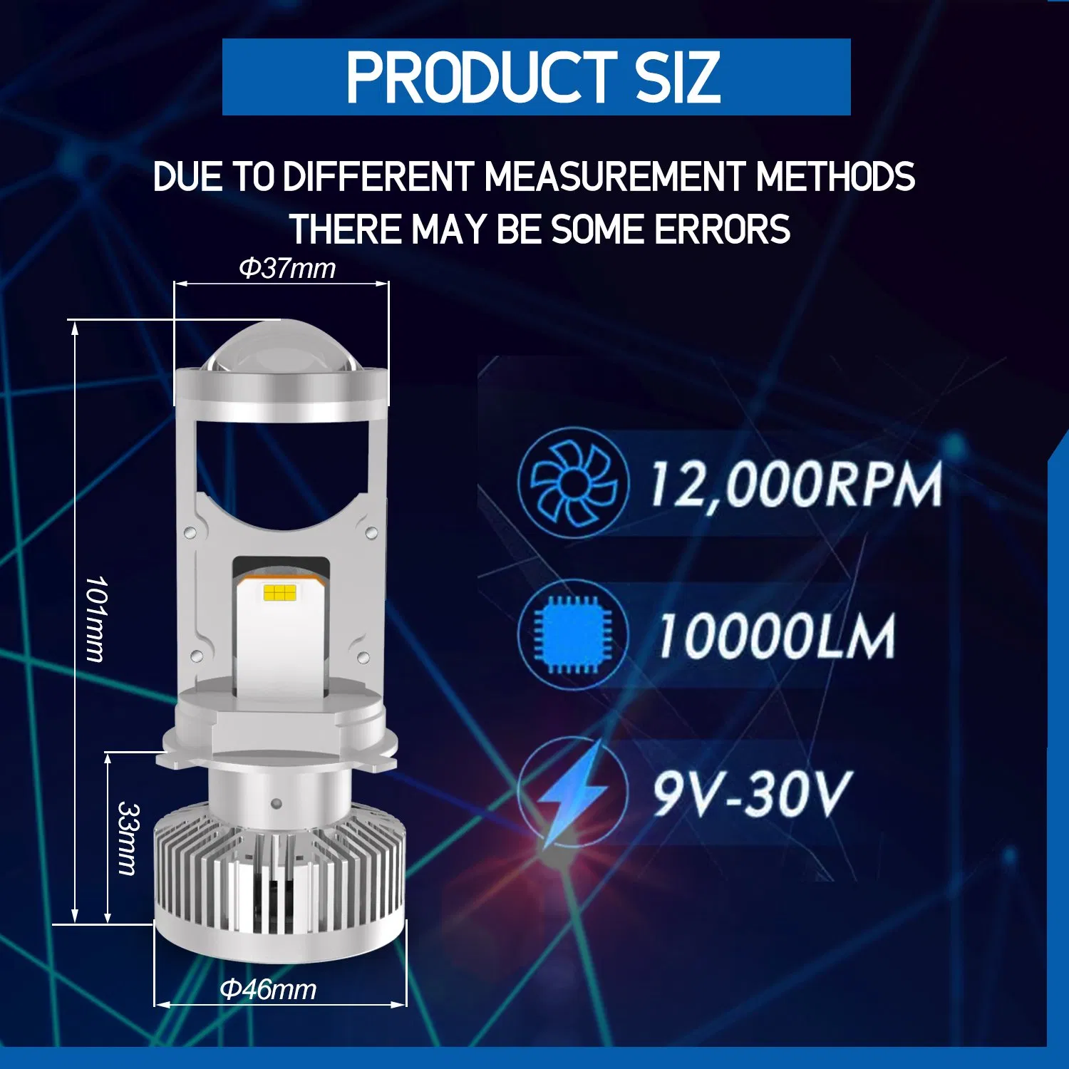 90-30V 10000lm 12000rpm H4 LED Headlight Projector Lens