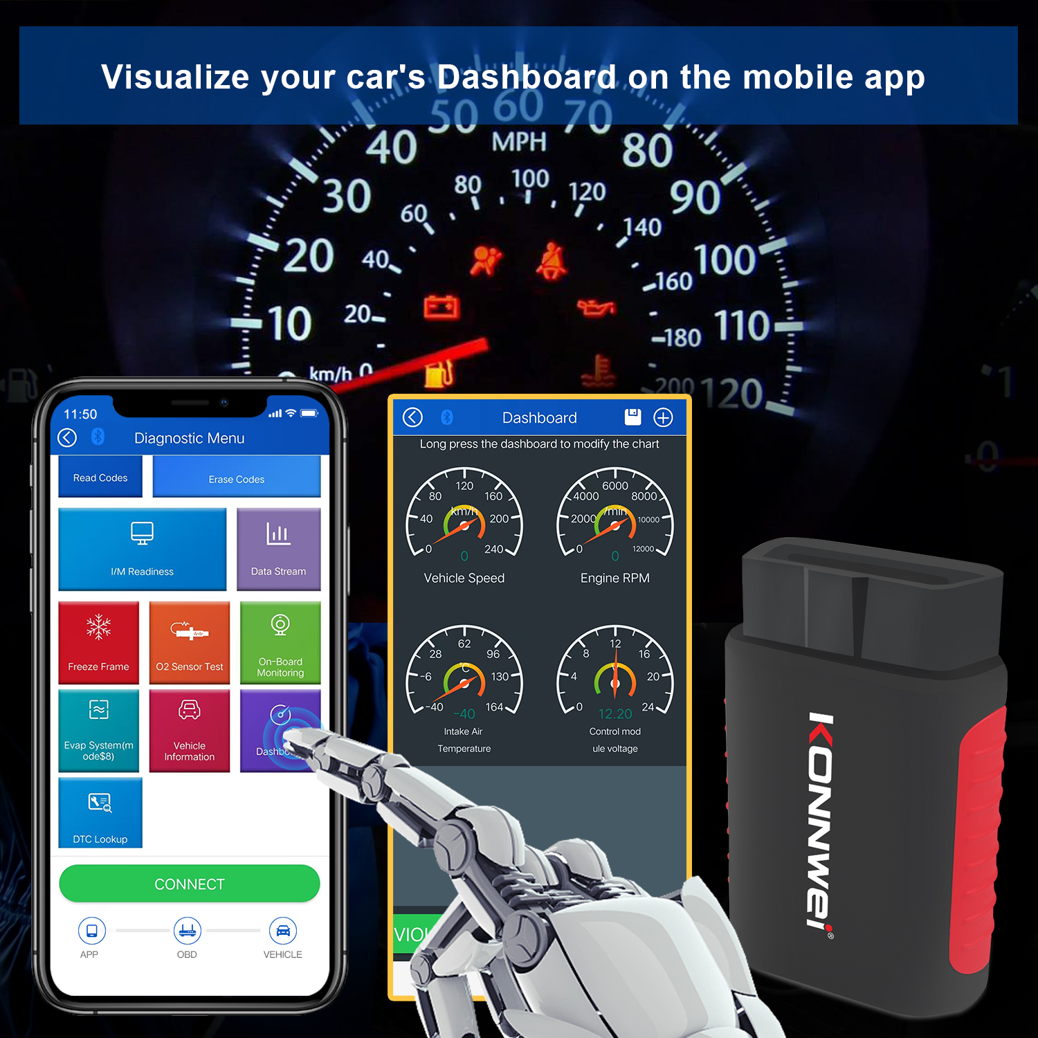 Bluetooth-диагностический сканер OBD2 DiagKonnwei KDiag для нескольких автомобилей с EasyDiag