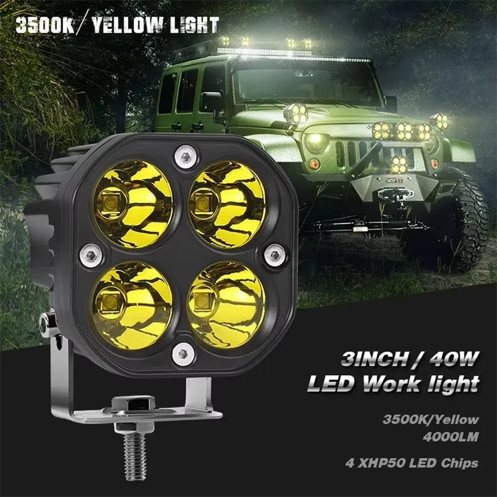 for Truck SUV ATV 12V 24V Waterproof LED Spotlight Yellow off-Road Fog Lamp Driving Work Light