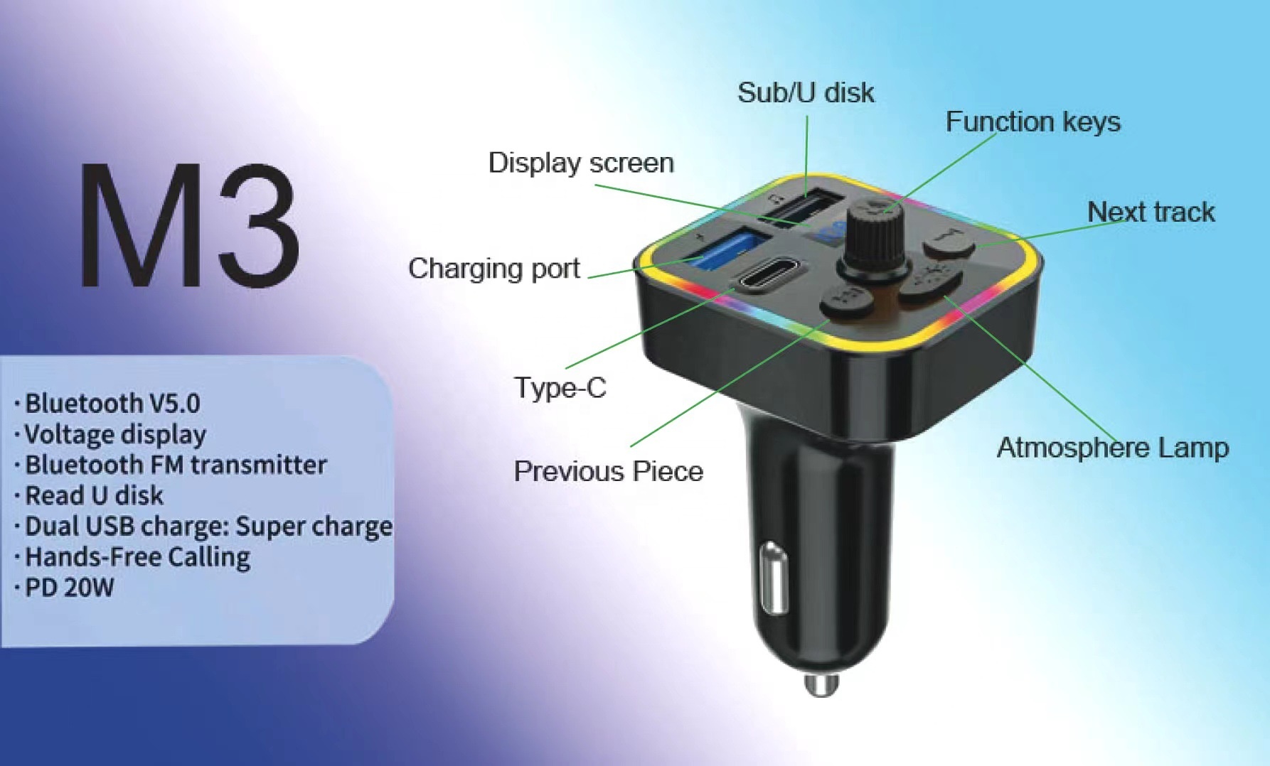 Автомобильный Bluetooth-адаптер M3 с FM-передатчиком, MP3 и быстрой зарядкой USB