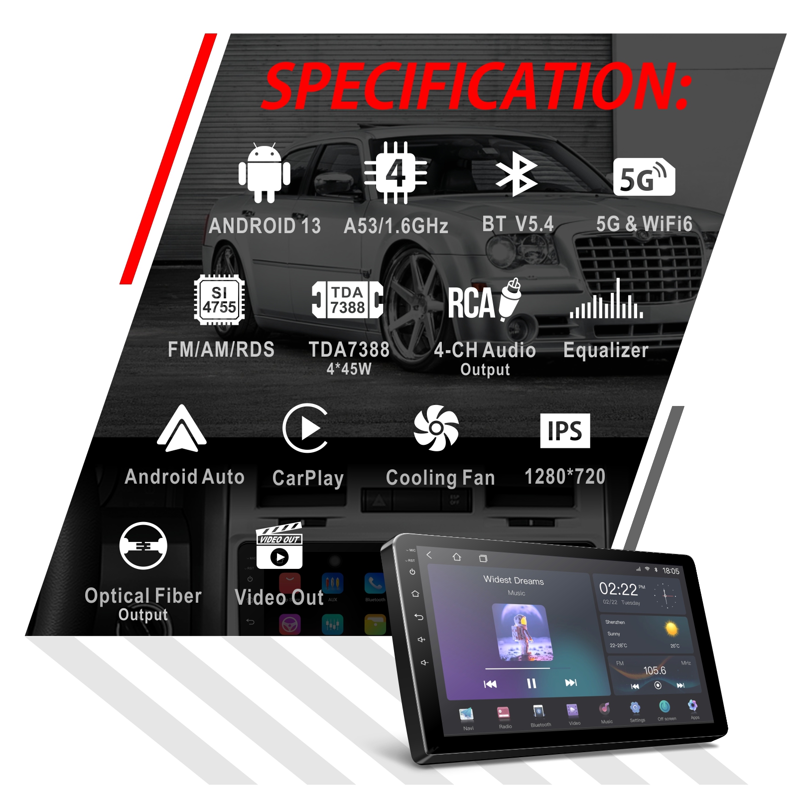 "9-дюймовая QLED магнитола Android с беспроводным CarPlay, сенсорным экраном, навигацией и Bluetooth"