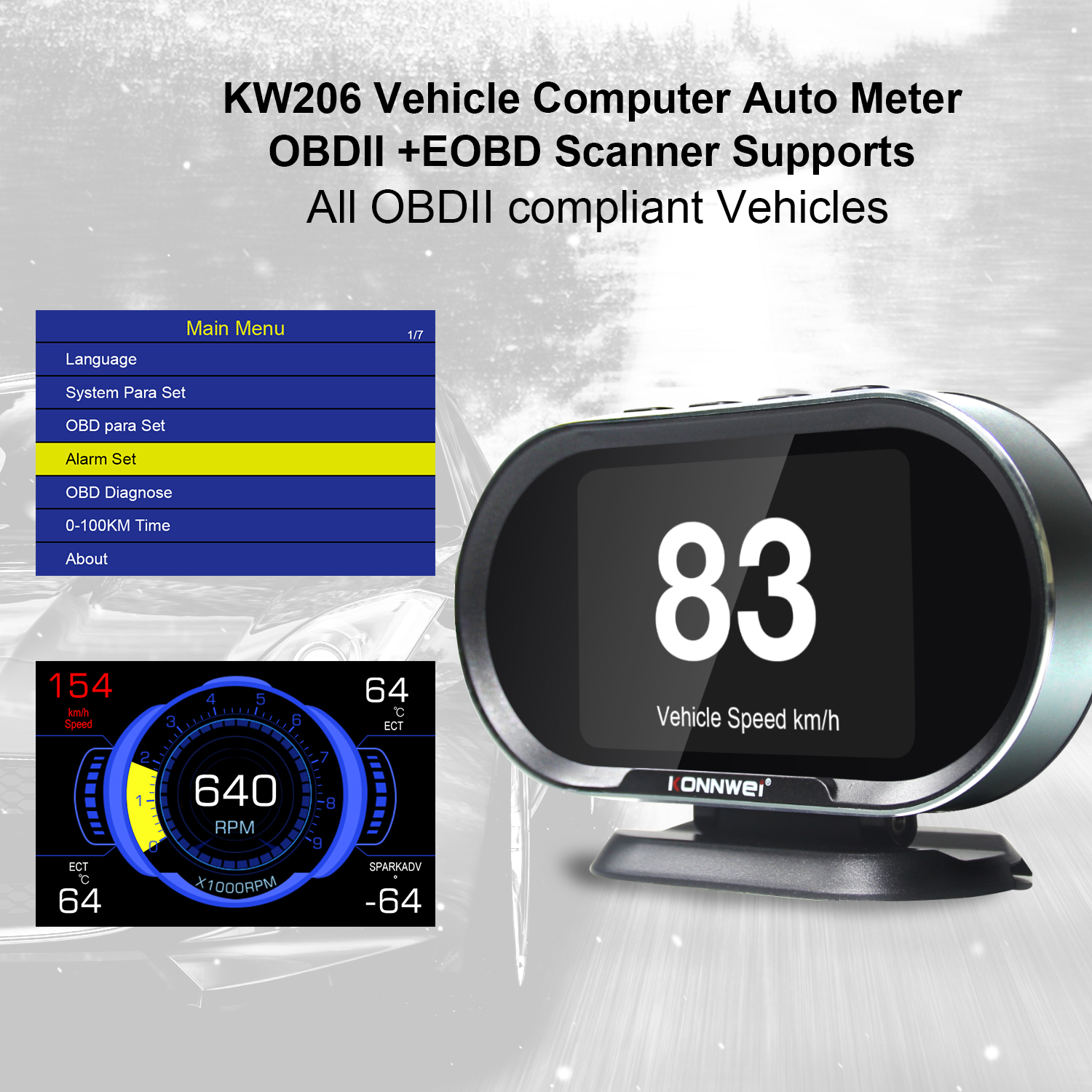 Цифровой датчик температуры и скорости OBD2 HUD Konnwei KW206