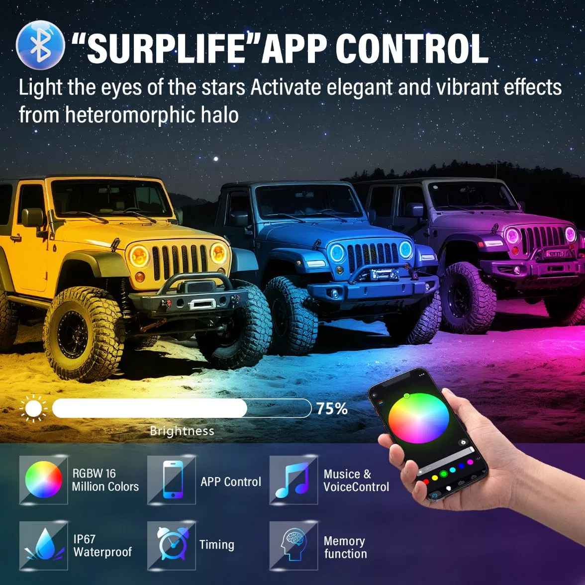 RGB LED Headlight Kit for Wrangler Jk with Bluetooth APP Control with Bracket