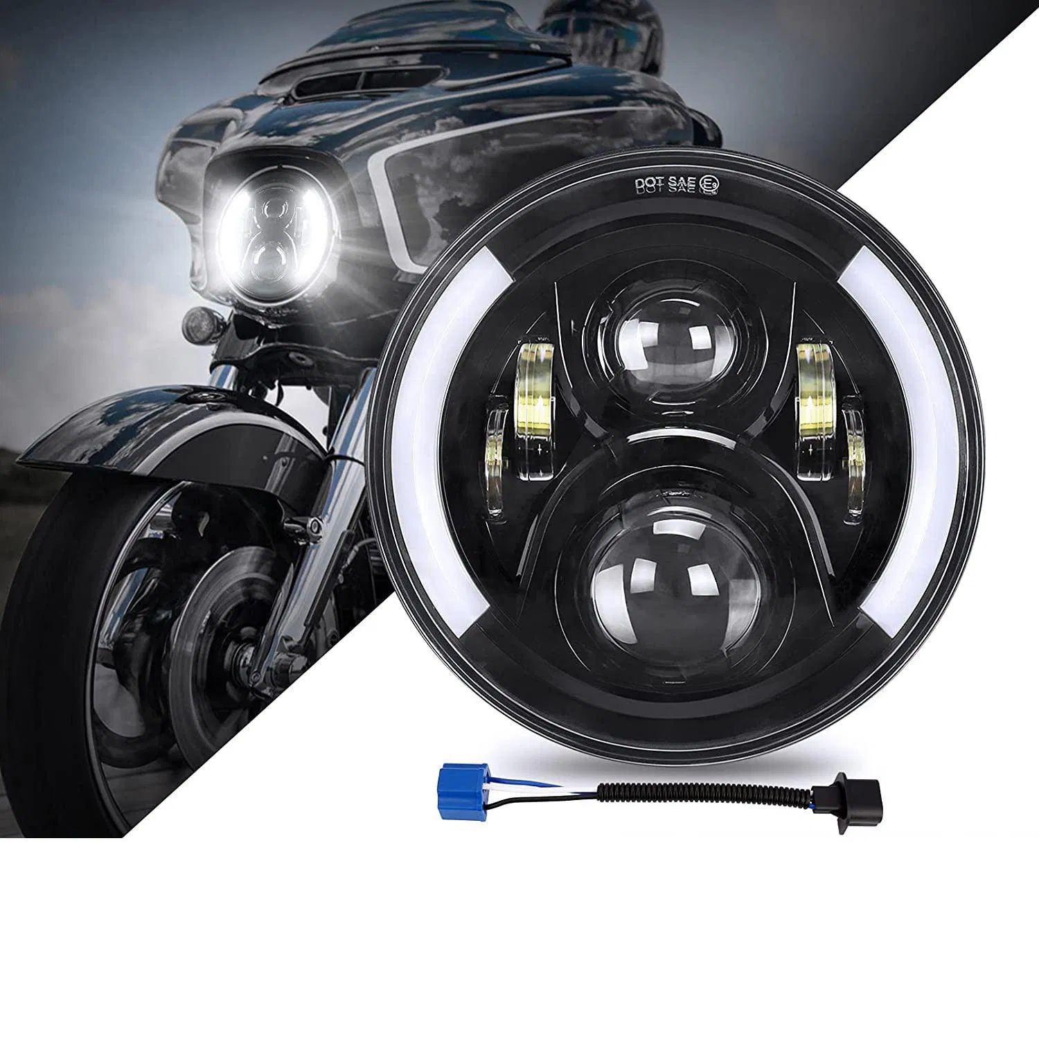 7 Inch LED Moto Headlight Round White Amber Halo Ring