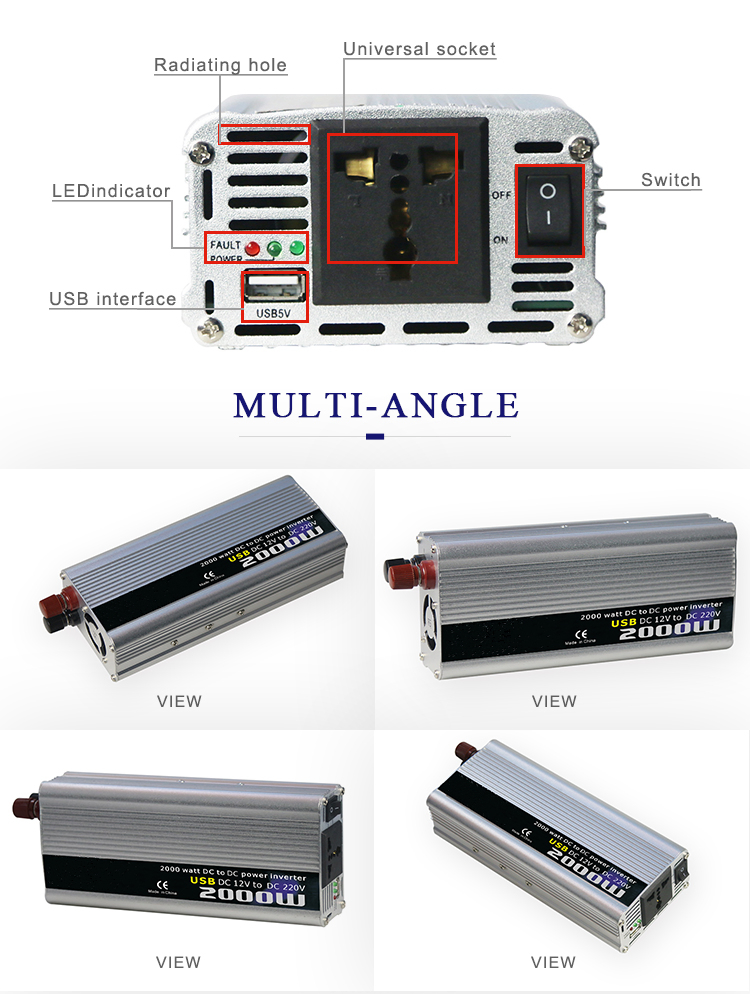 Solar System Inverter for Car 2000Watt DC to AC Modified Inverter