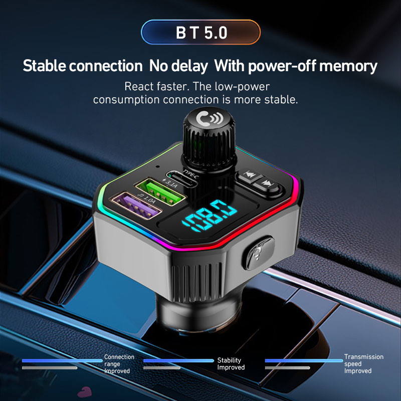 Портативный автомобильный FM-передатчик с MP3 плеером, Bluetooth 5.0 и громкой связью, с подсветкой