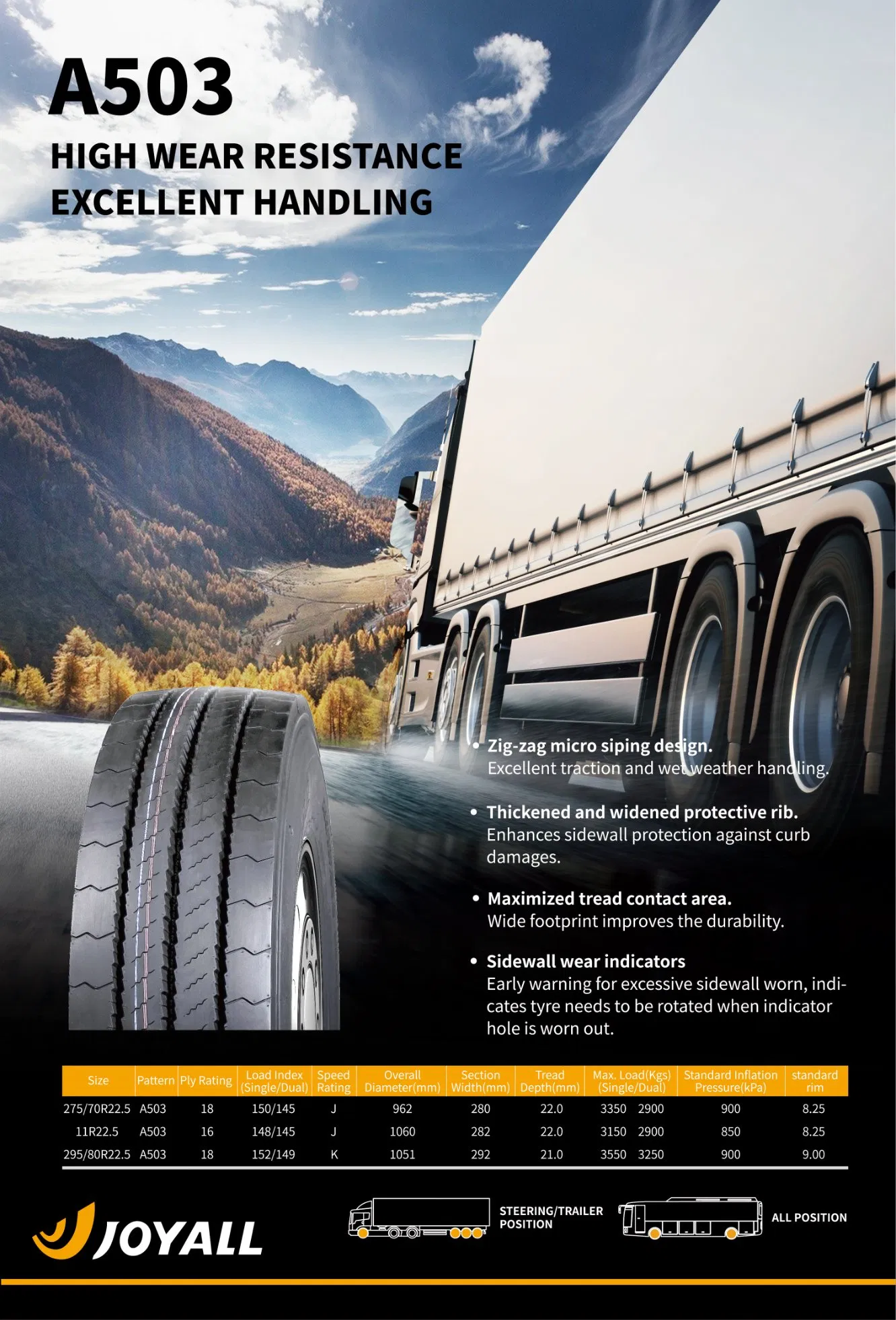 275/70R22.5 A503 Joyall Factory Truck Tire for Bus Steer Trailer Position TBR