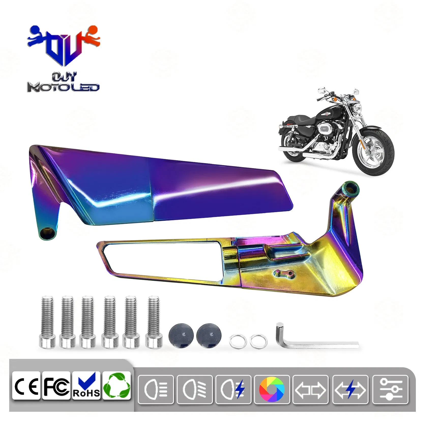 Long Wide-Angle Motorcycle Mirrors with Colorful Rainbow Design