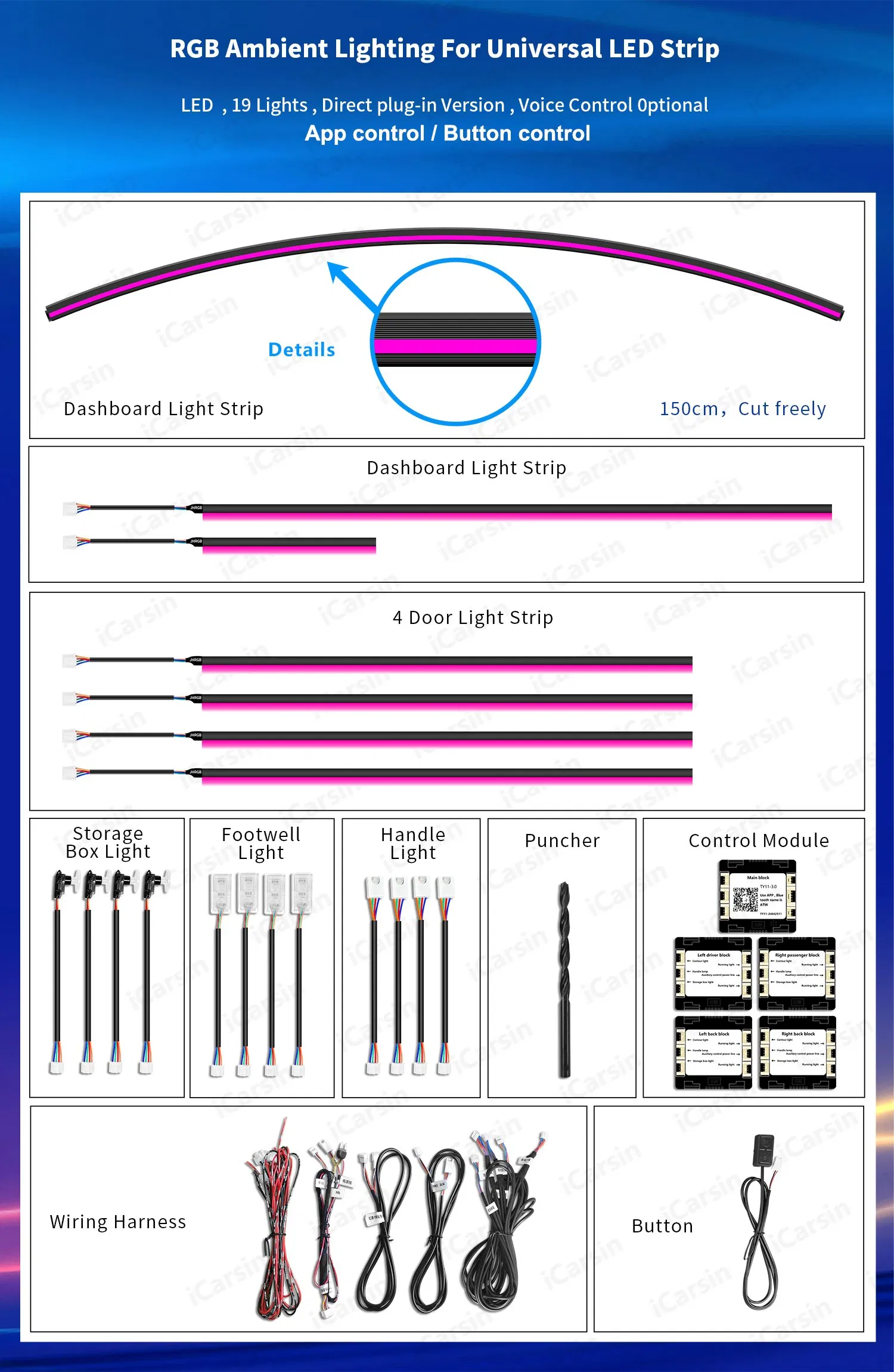 150cm Universal Ambient Light Dashboard Surrounding Strip Lights Interior Light Accessories