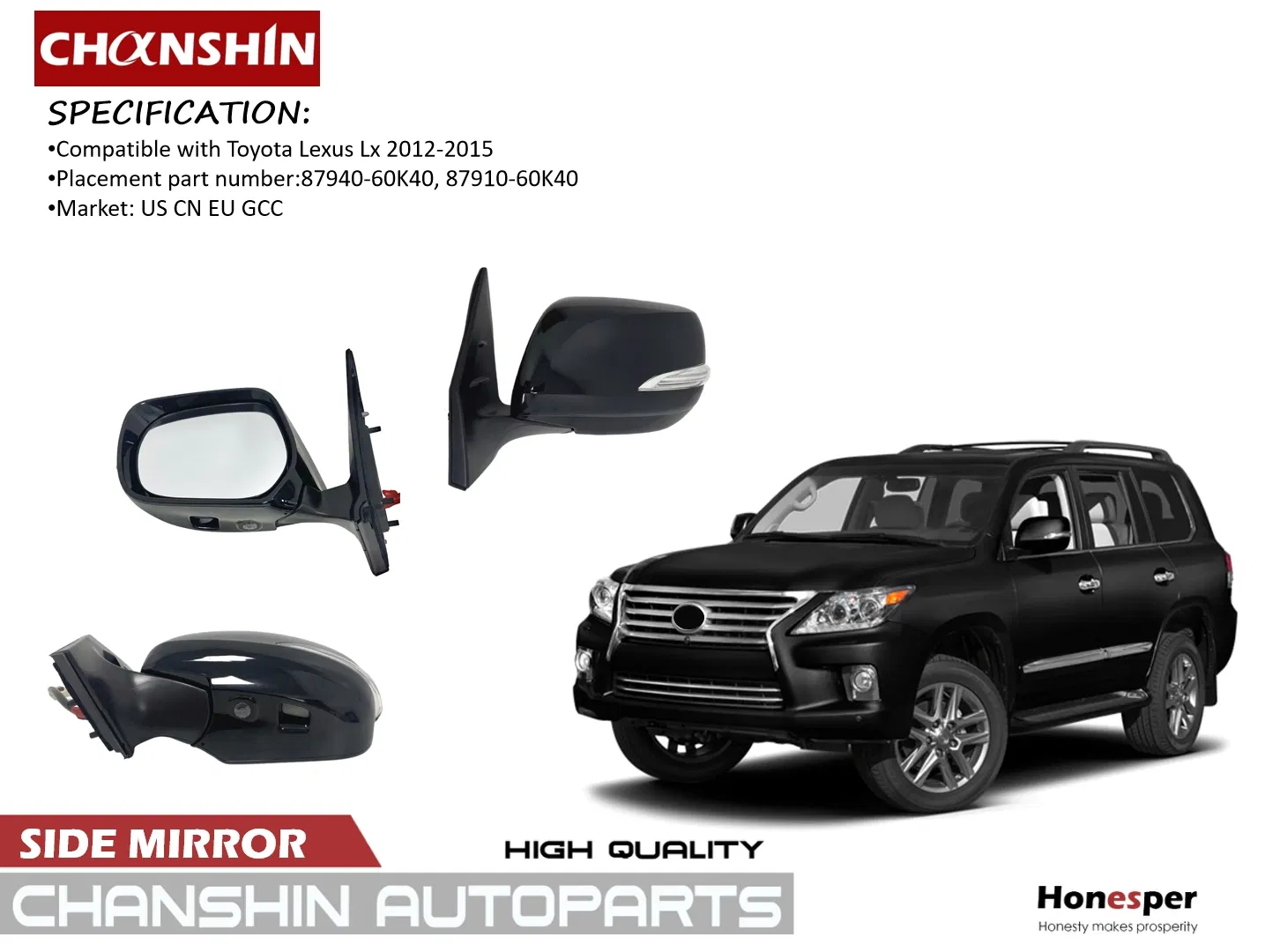 Wholesale Car Spare Parts Auto Parts Car Accessory Side View Mirror for Toyota Lexus Lx 2012-2015 87940-60K40, 87910-60K40 Urj