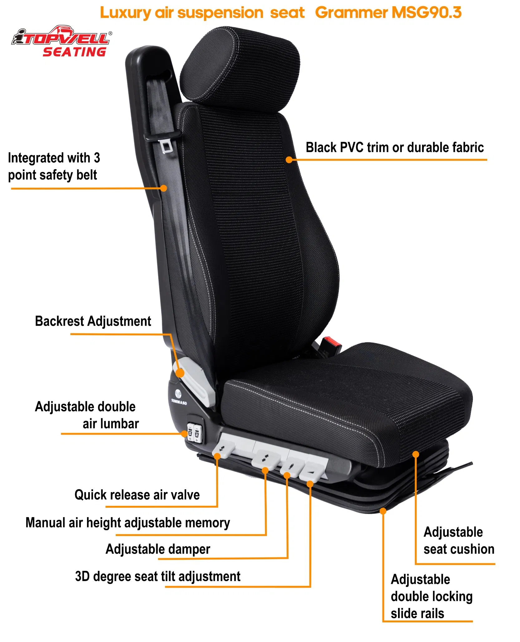 Pneumatic Machinery Grammer Brand Truck Driver Seat with Armrest and Seat Belt