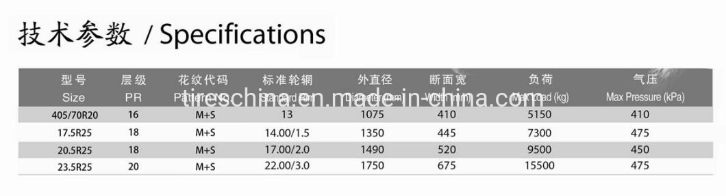 Winter Tires M+S OTR Tyres off The Road E3/L3 Tires (405/70R20 17.5R25 20.5R25 23.5R25) for Mud and Snow Ice Winter Use