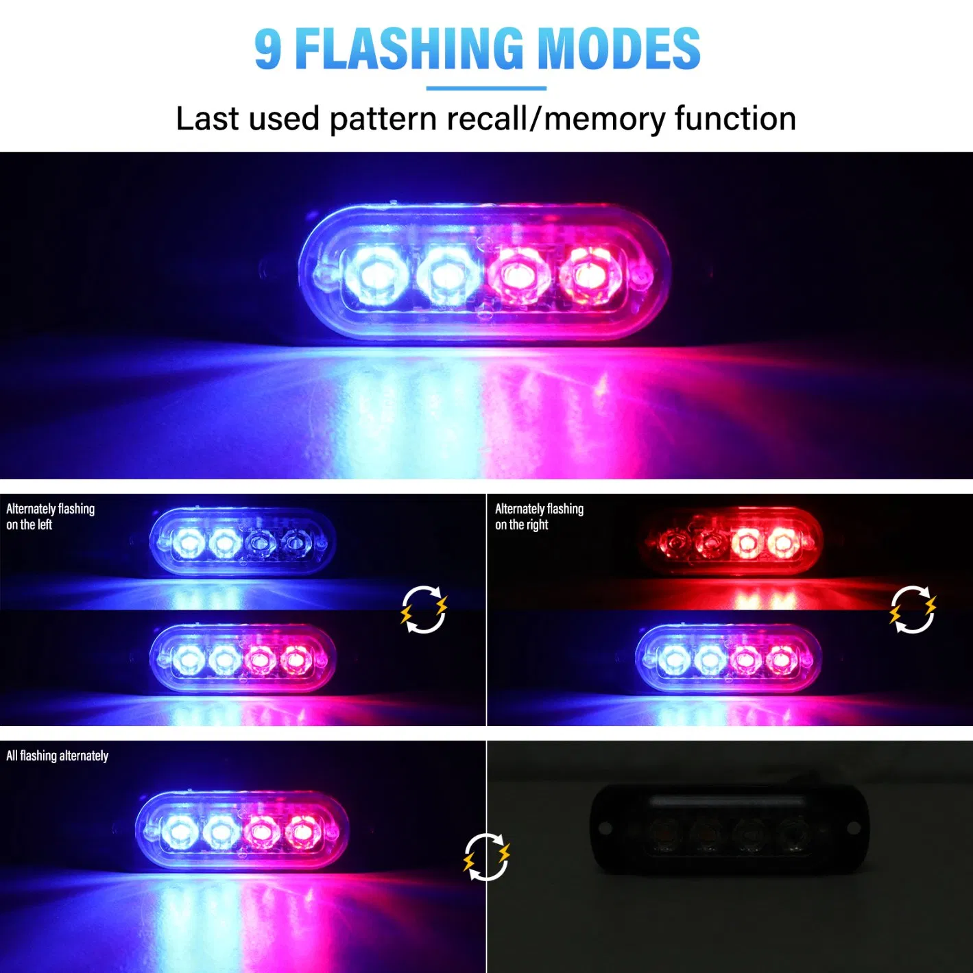 OEM Blue Red Strobe Lights – 4 LED, 12V/24V, Surface Mount, Multi-Vehicle Use (CE/RoHS/ISO9001 Certified)