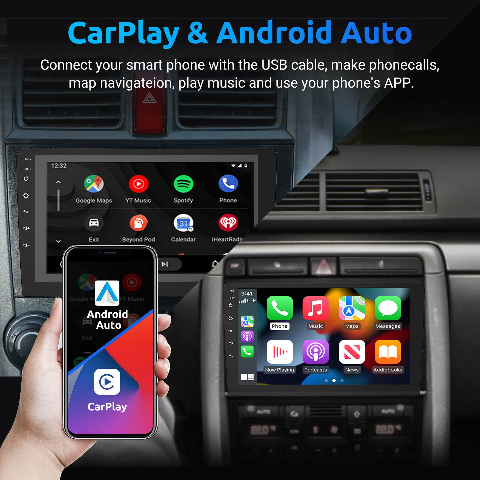 7/9/10/11.5/13.1-дюймовая 2DIN магнитола на Android с Android Auto, CarPlay, GPS, навигацией и DVD-плеером для автомобилей