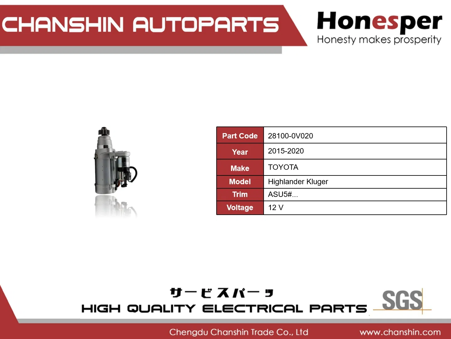 Стартер 12V для Toyota Highlander Kluger 2015-2020 (28100-0V020)