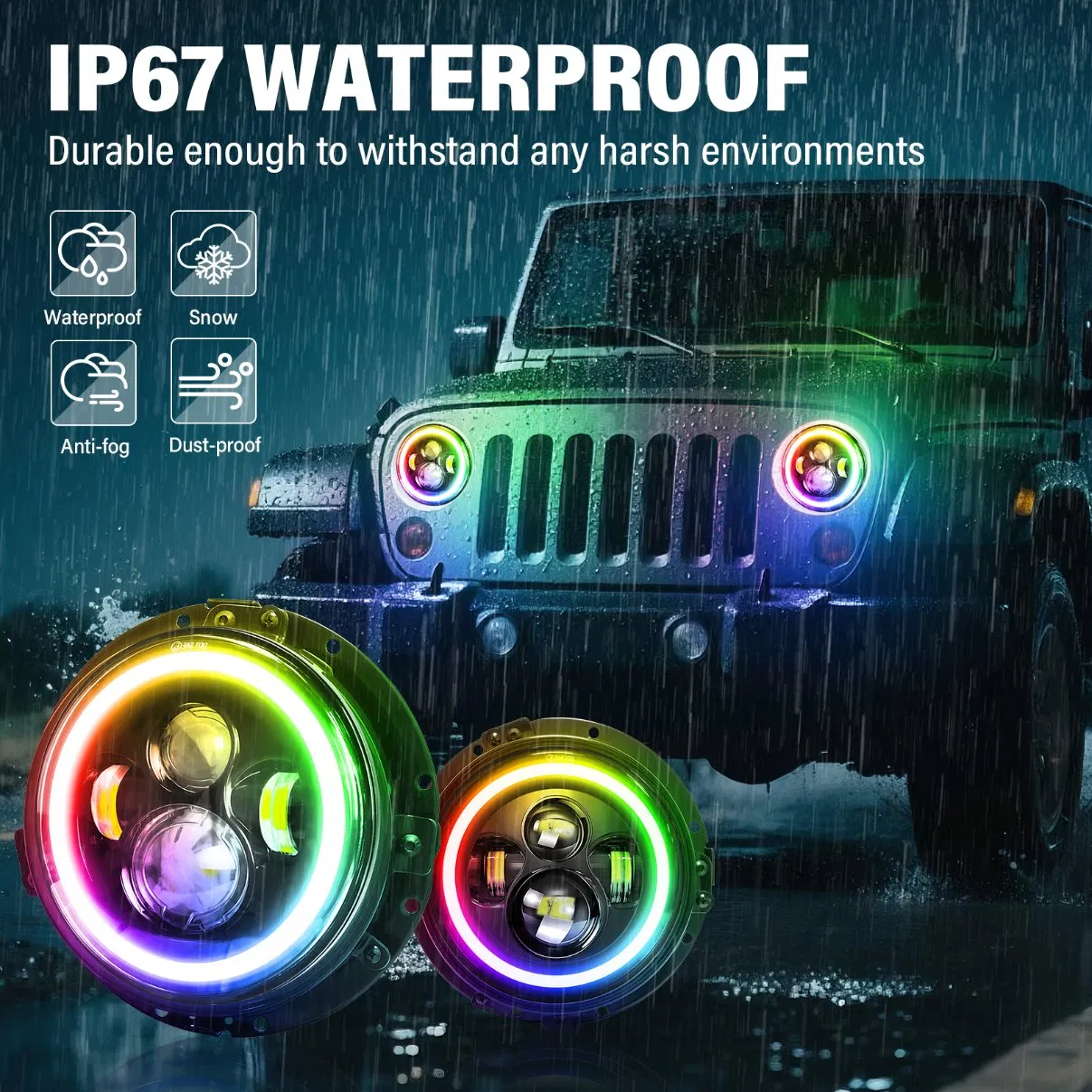 RGB LED Headlight Kit for Wrangler Jk with Bluetooth APP Control with Bracket