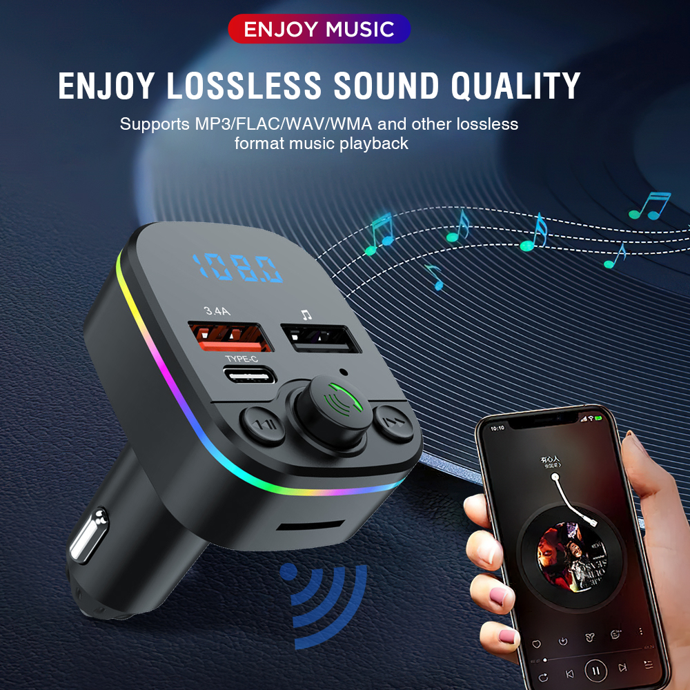 Автомобильный MP3-плеер с FM-передатчиком, двойным USB, быстрой зарядкой, Bluetooth и светодиодной подсветкой