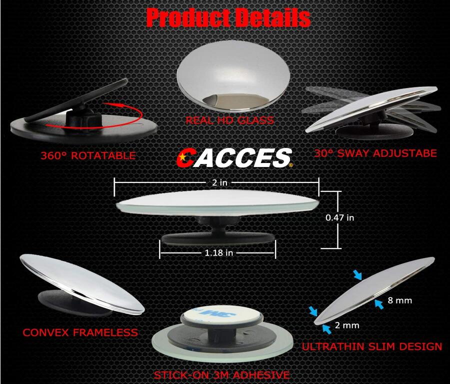 2 Pack Blind Spot Mirror 2" Round HD Glass Frameless Convex Rear View Blind Spot Mirror Stick on with 360 Rotation Adjustable for Car,Auto,360-Degree Wide Angle