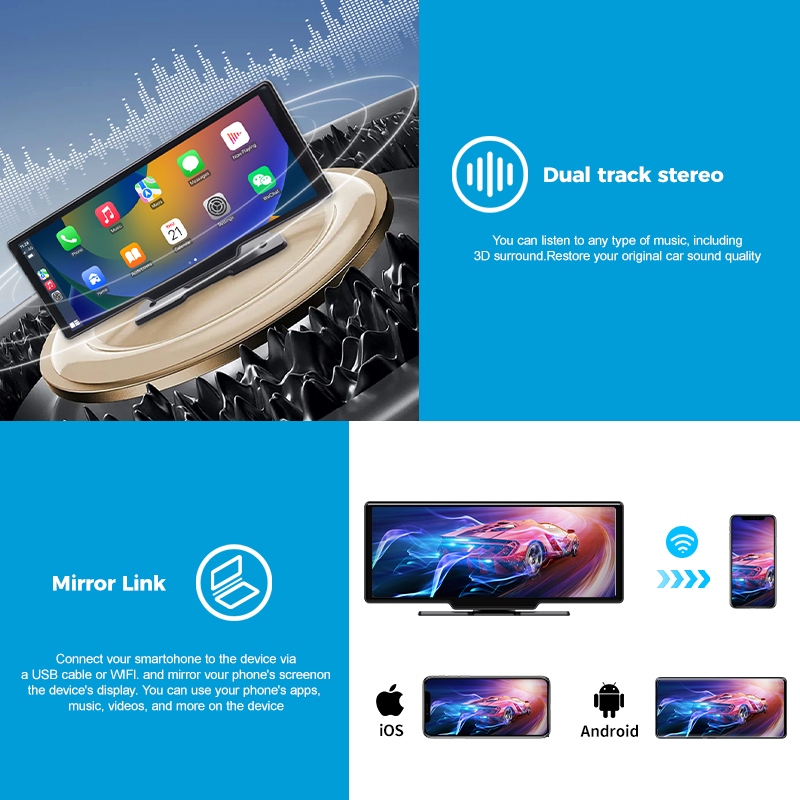10,26-дюймовый беспроводной портативный автомобильный экран с CarPlay, Android Auto, IPS-дисплеем, FM и AUX