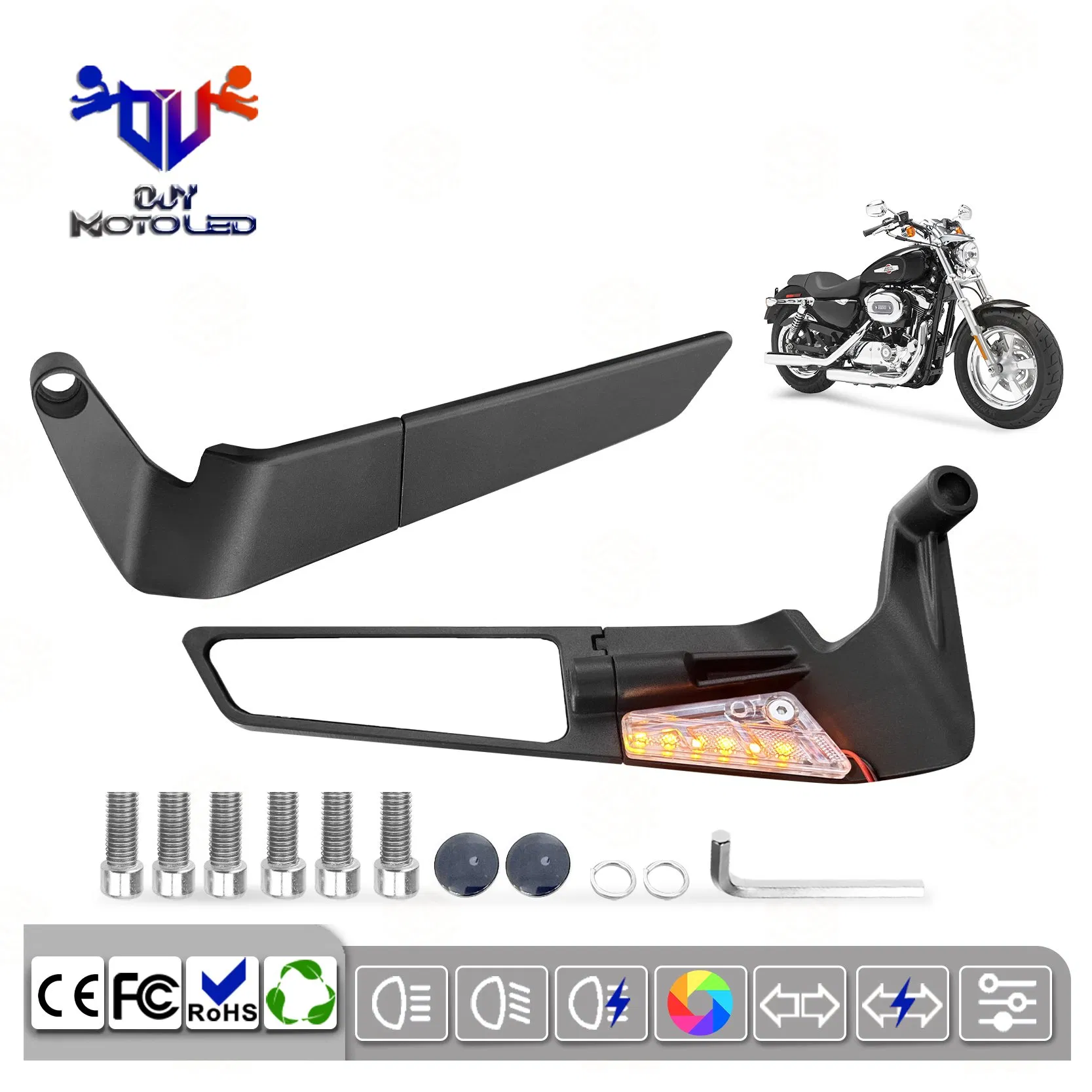 Motorcycle Universal Rearview Mirror Black Shell with LED Rearview Mirror Accessories