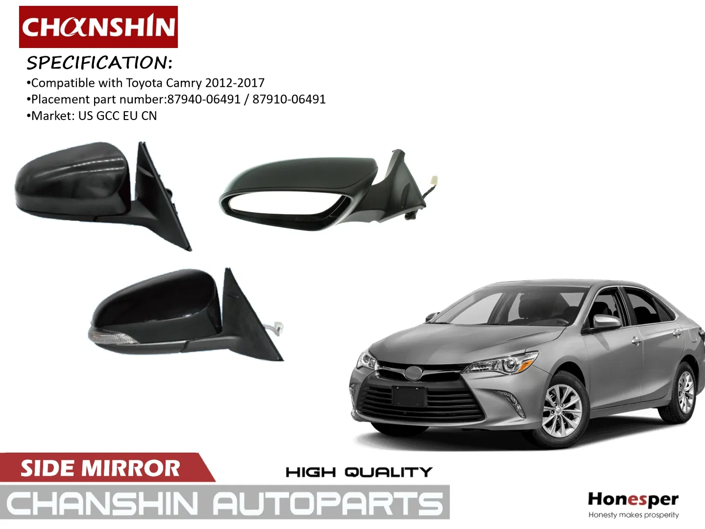 Wholesale Car Spare Parts Auto Parts Car Accessory Side View Mirror for Toyota Camry 2012-2017 87940-06491 87910-06491 Asv5# Avv50