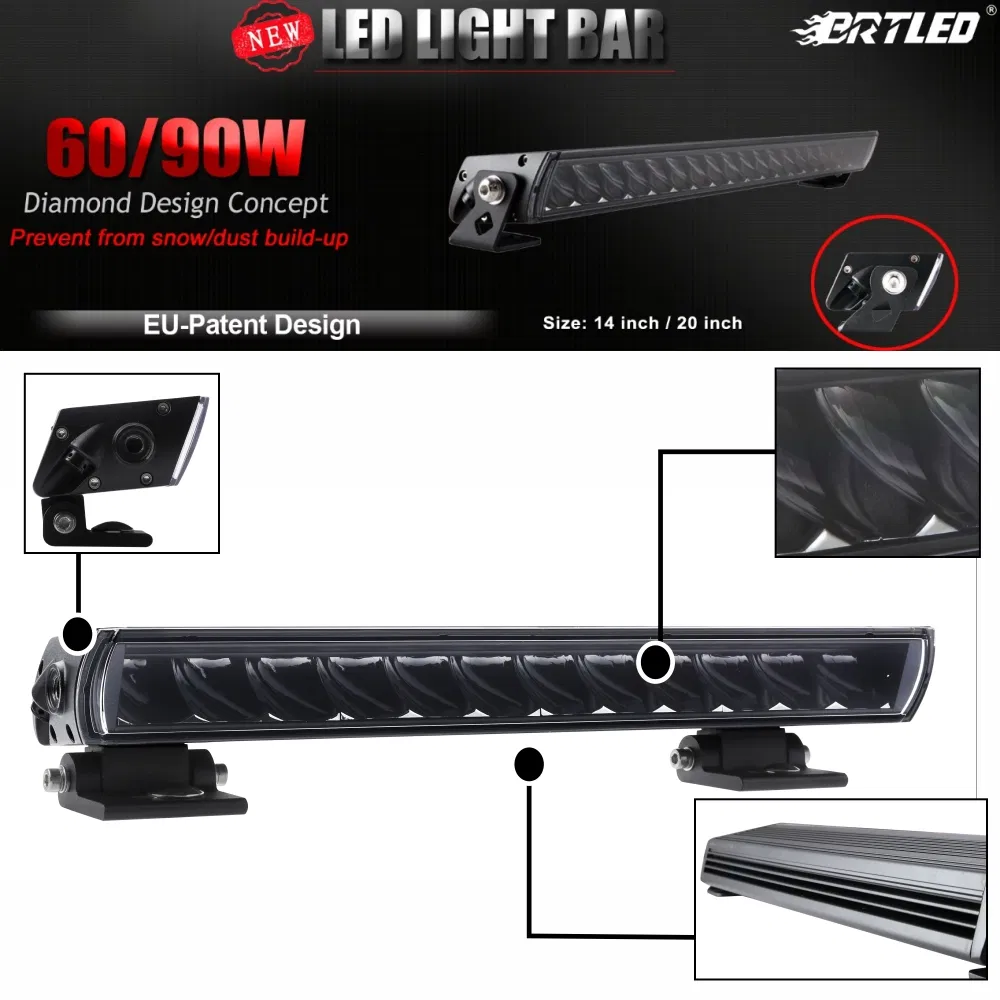 Diamond LED Slim Light Bar Series Available for 14inch and 20inch Power at 60W and 90W Approved by ECE R112