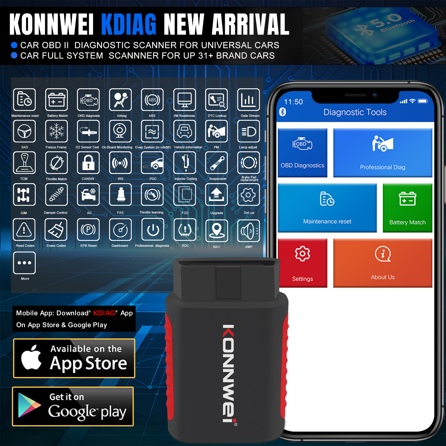 Bluetooth-диагностический сканер OBD2 DiagKonnwei KDiag для нескольких автомобилей с EasyDiag