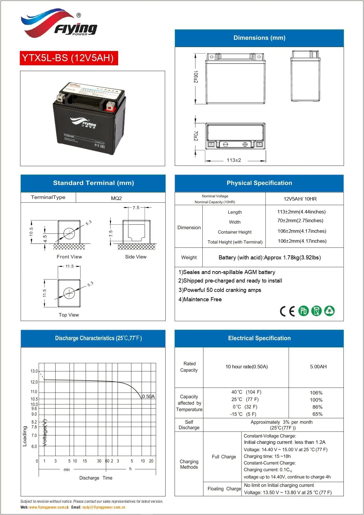 Аккумулятор мотоциклетный YTX5A-BS 12V 4Ah
