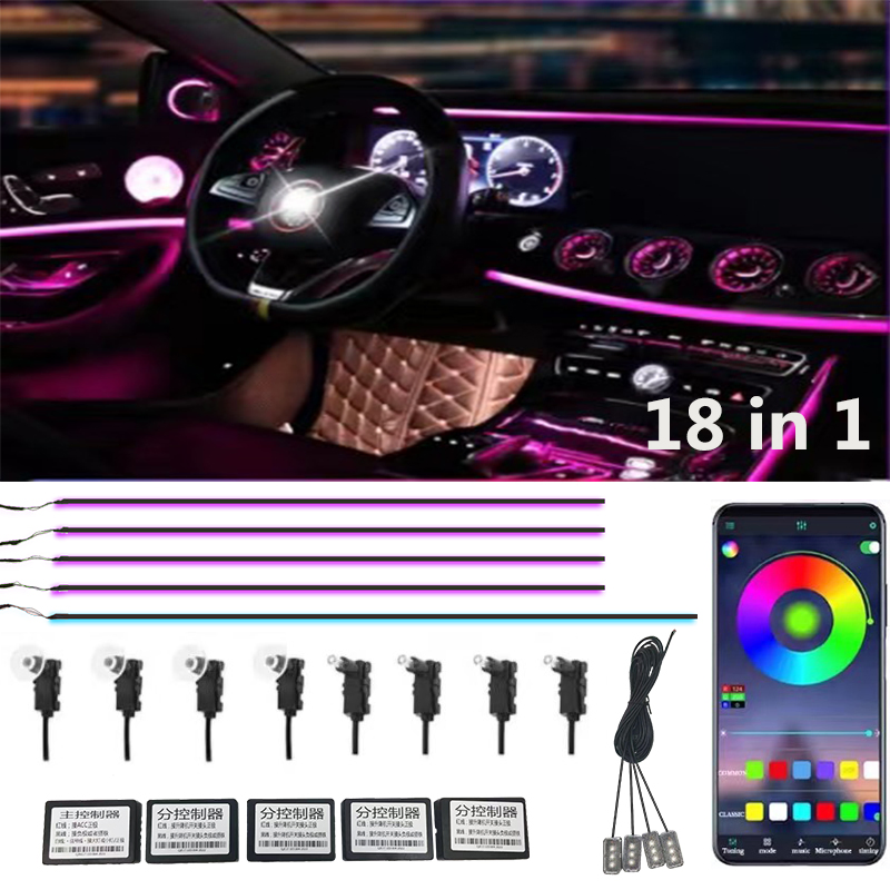 Car Interior Ambient Lights, 18 in 1 Hmyc 128 Colorful LED Acrylic Fiber Optic Strip, Universal Multiple Modes Decoration Atmosphere with APP Control