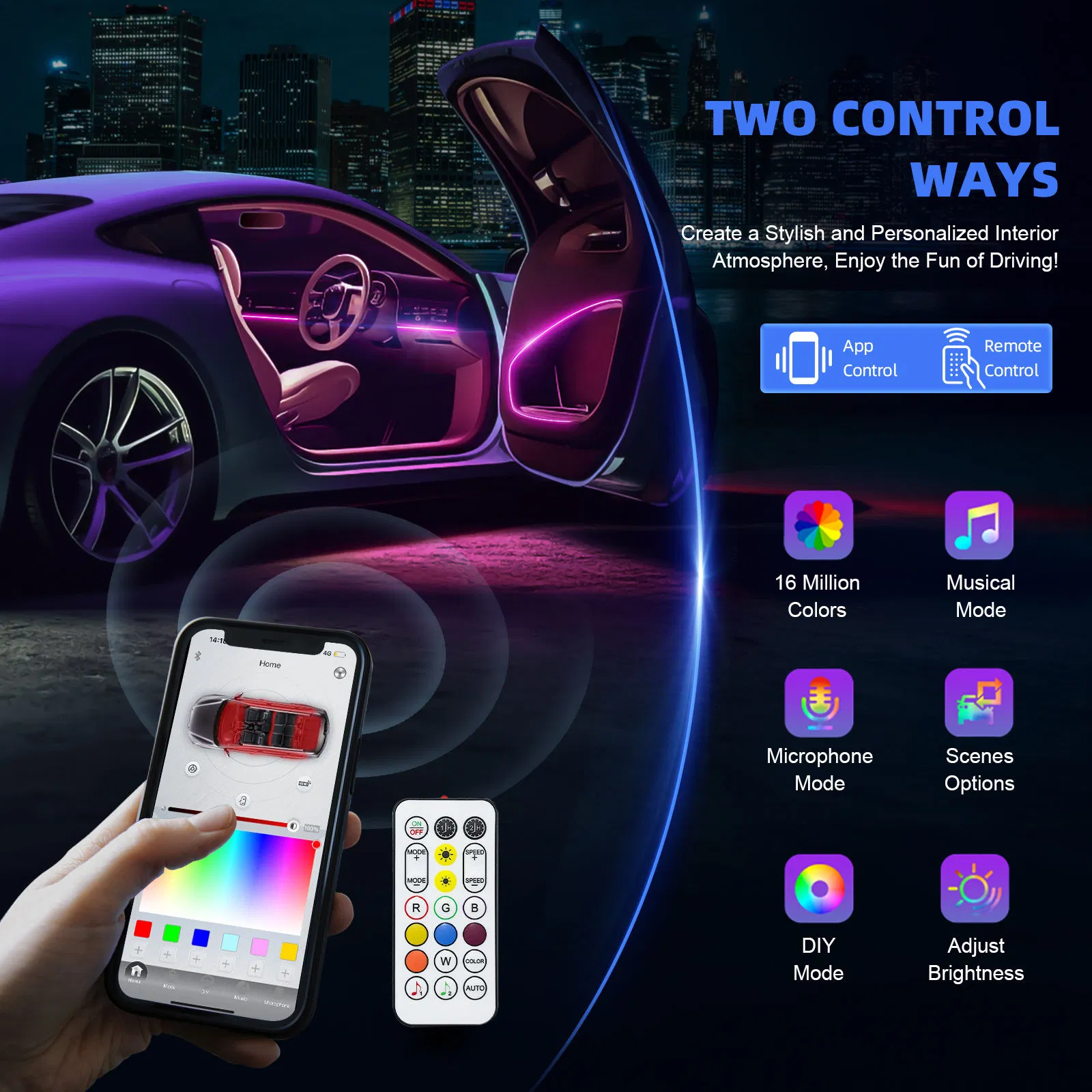 Автомобильная RGB подсветка салона 18 в 1, 64 цвета