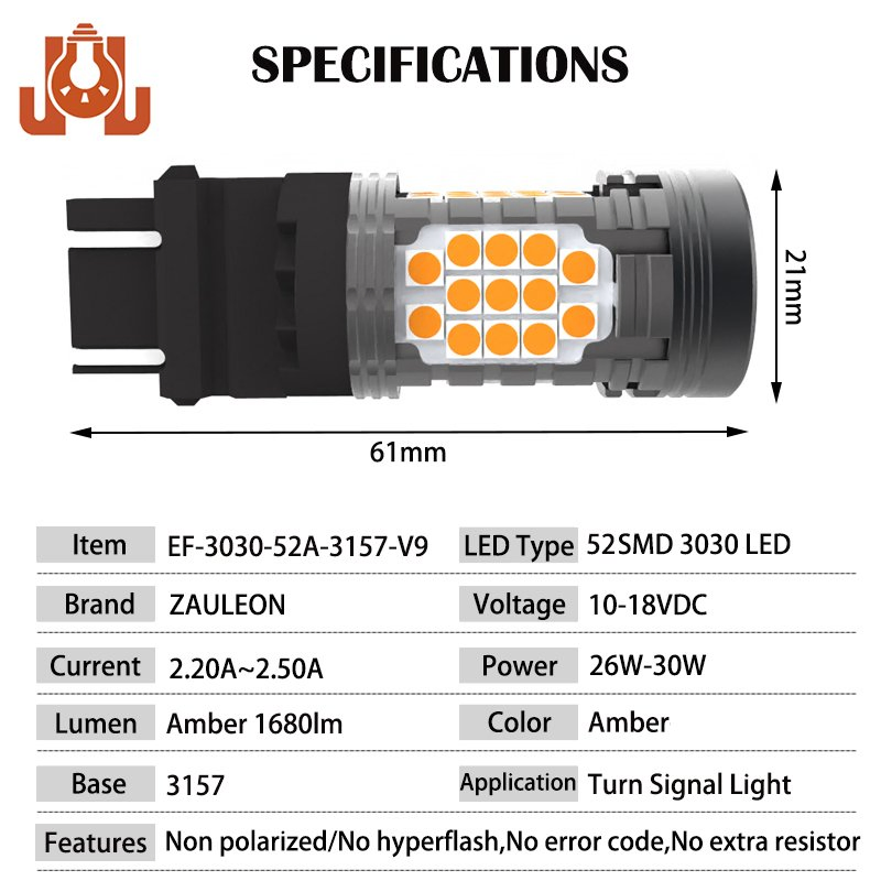 Лампы поворотников LED 3157 52SMD Amber Canbus