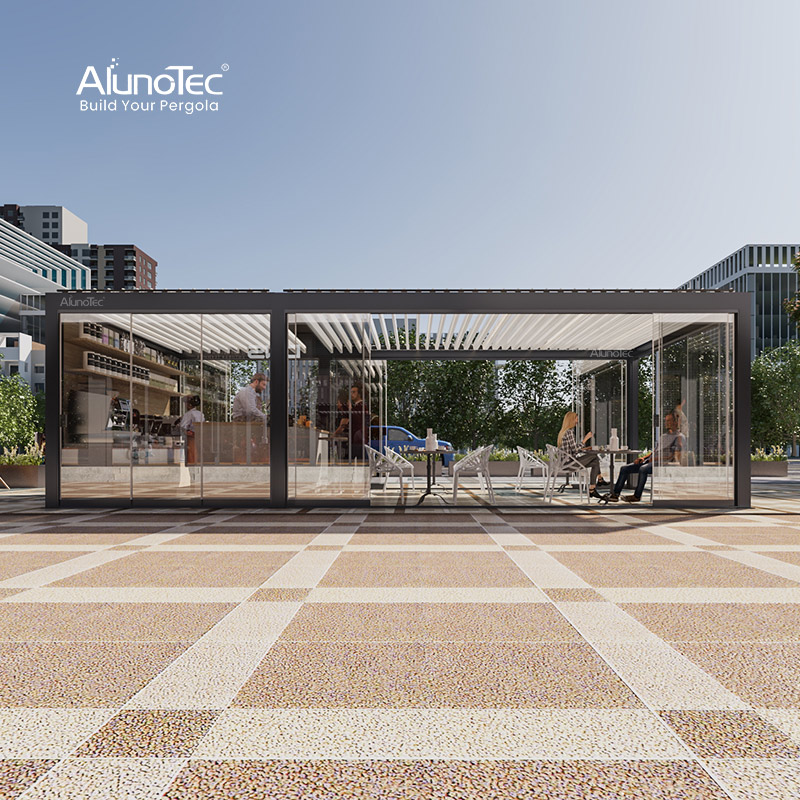 AlunoTec, моторизованная биоклиматическая алюминиевая беседка с крышей и наружными жалюзи