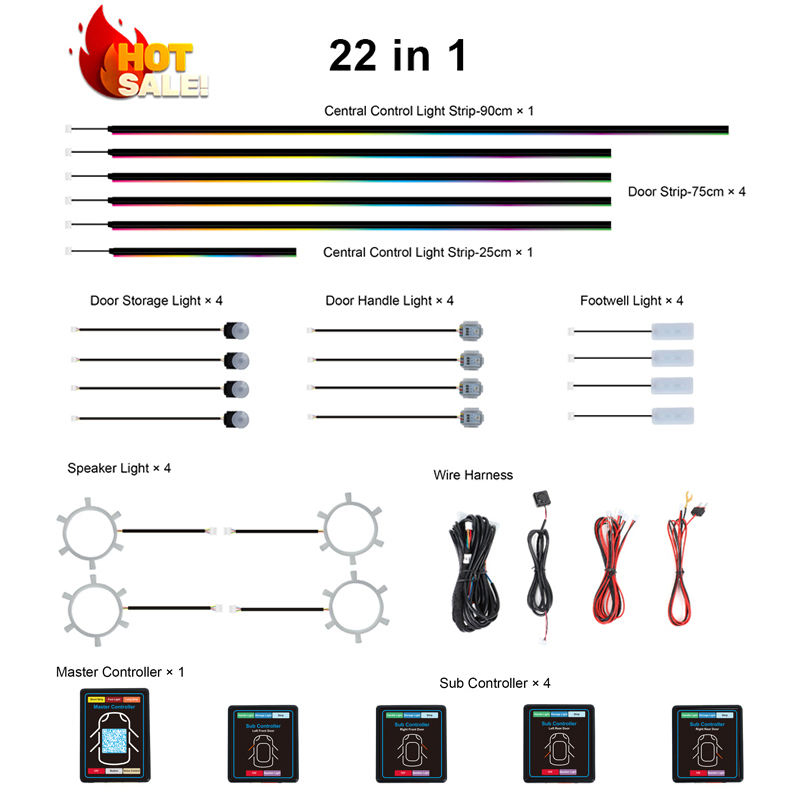22 in 1 Dream Color RGB Dynamic Car Interior Light Wireless APP Control Ambient Atmosphere LED Light Kit for Car
