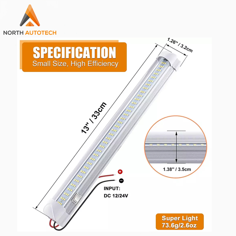 12V/24V 13 Inch LED Light Strip LED Light Bar LED Interior Light with on/off Switch 108 LEDs Strip Light