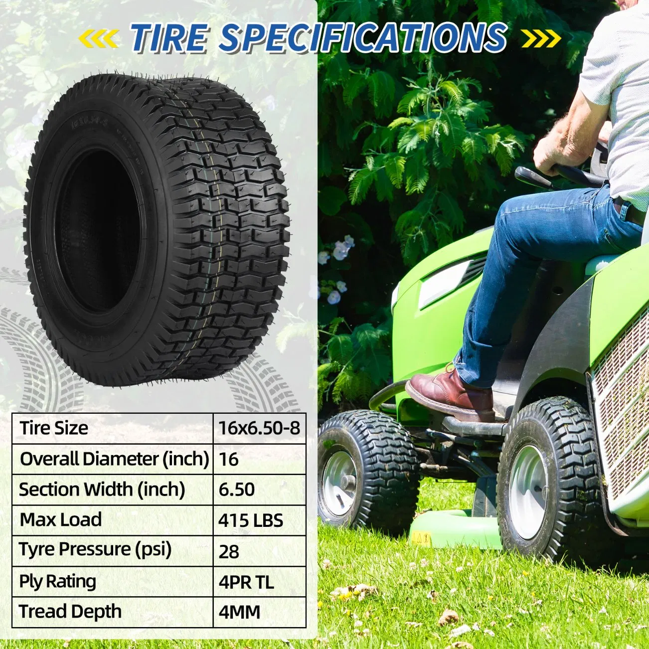 16X6.50-8 Lawn Mower Tubeless Tire, Turf-S Pattern