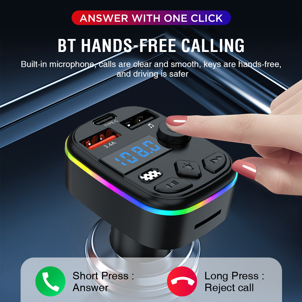 Автомобильный FM-передатчик C4P BT5.3 с MP3 плеером, громкой связью и двойным USB (5V/3A) для быстрой зарядки