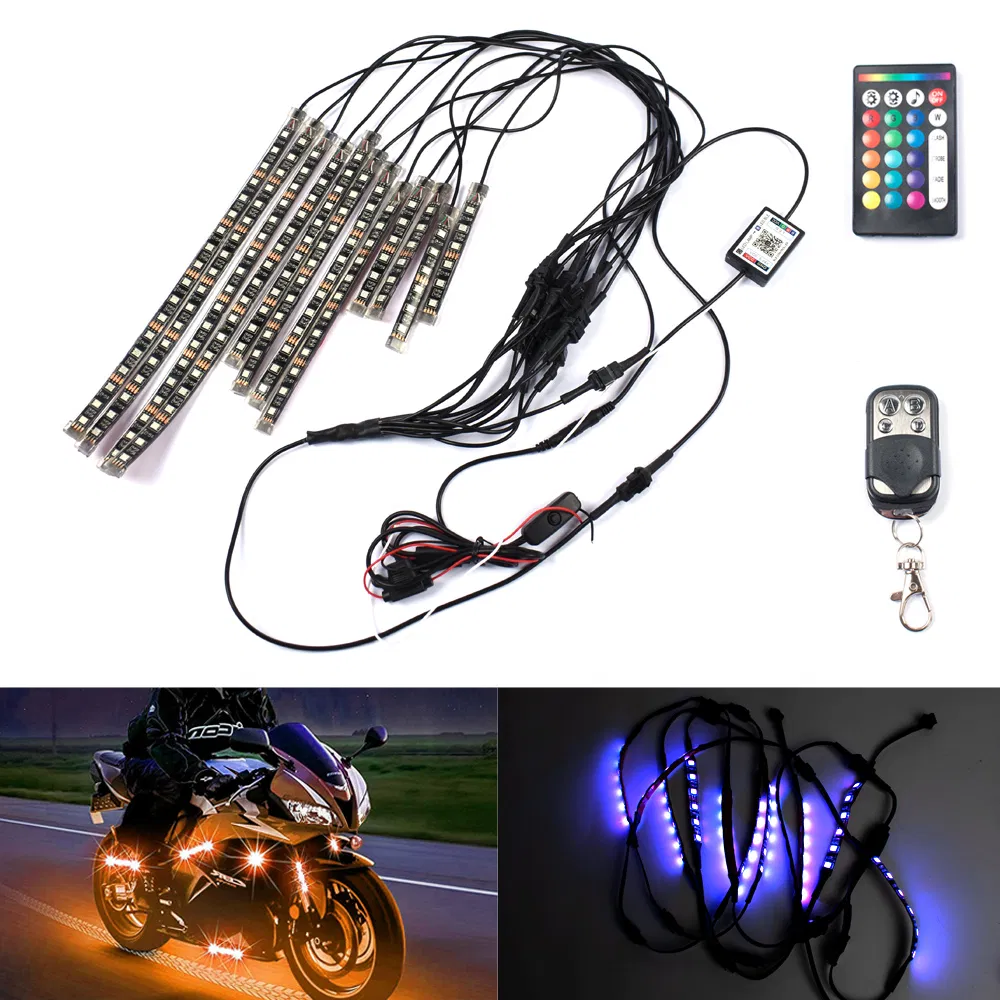Motorcycle 3 Way LED Accent Underglow Kit with APP&Automatic Brake Light Feature RGB Smart LED Strip Light